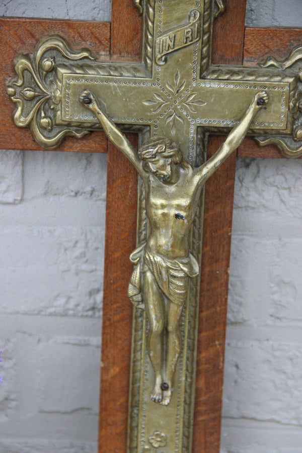 LARGE french antique Brass Wood Christ crucifix cross religious