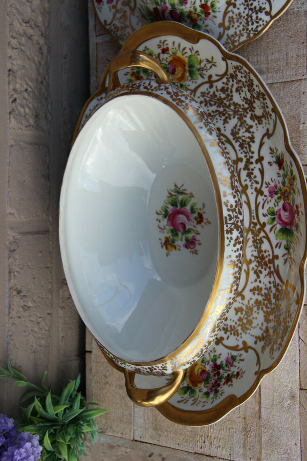 Large French floral sevres porcelain soupiere soup tureen on plate floral decor