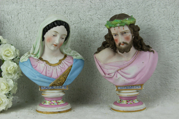 PAIR Antique VIEUX ANDENNE porcelain buste JESUS Mary Statue religious