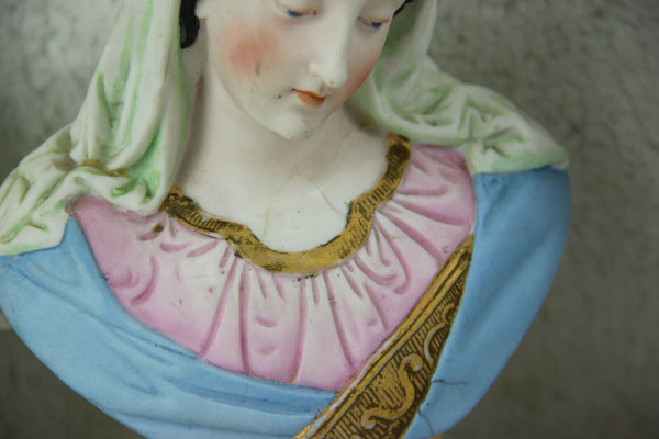 PAIR Antique VIEUX ANDENNE porcelain buste JESUS Mary Statue religious