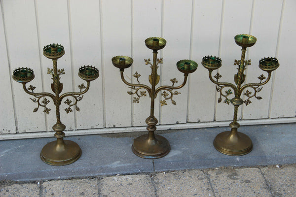 Antique French Religious set 3 Altar 3 arm Candelabras Candle holder Brass