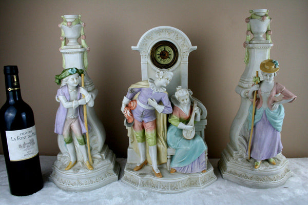 Stunning Mantle Clock Garniture porcelain bisque figurines set 1960 french