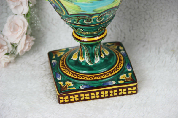 Antique pair French Barbotine majolica queen elizabeth mythological dragon vases