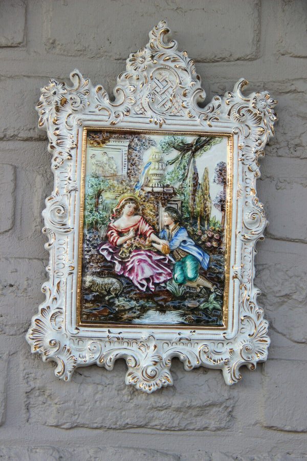 Italian capodimonte marked porcelain relief Wall plaque panel romantic scene 70s