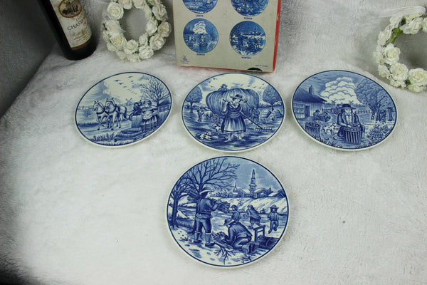 Set 4 DELFT blue white pottery 4 seasons plates wall hanging original box