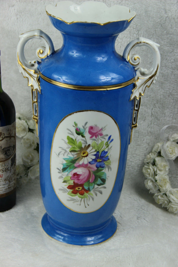 Antique French 19thc vase Vieux paris porcelain sevres blue colour romantic