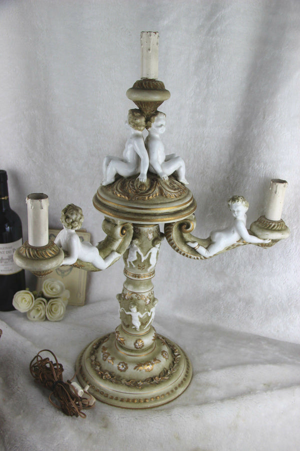 Gorgeous Italian Faience Putti cherubs angels 3 arms candelabra lamp  1960's