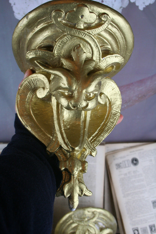 Pair French antique chalkware gold gilted Faun devil satyr head wall consoles