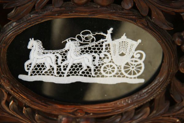 Antique XL Black Forest Wood carved letter holder Bruges LAce carriage 1881