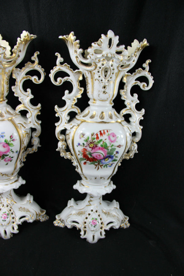 LARGE PAIR VIEUX PARIS  porcelain 1900 French antique VASES floral decor