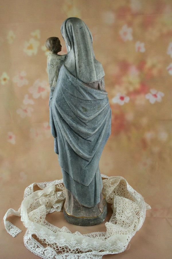 Antique French Holy Mary plaster statue pastel colors serenity 18.5