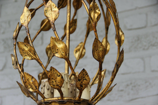 Mid century 1960 Metal gold gilt leaves chandelier pendant lantern maison jansen