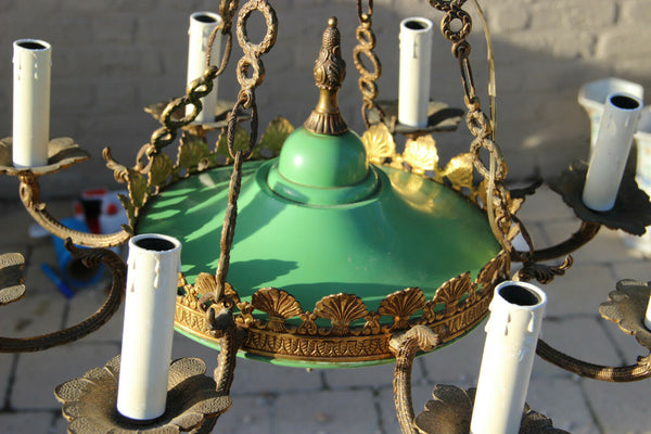 French Brass enamel Green Empire 8 arms chandelier pendant 1950