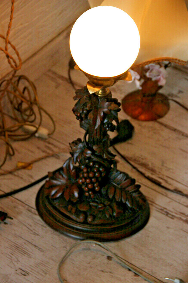 Rare Antique Swiss black forest wood carved table lamp Grape tree floral