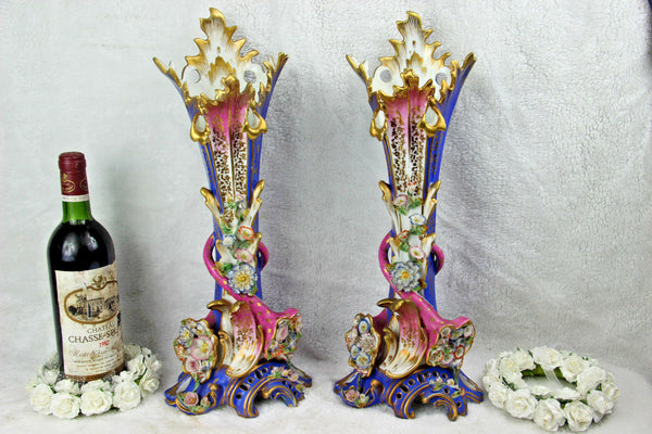 PAIR Antique french porcelain Vieux paris Vases floral attr Jacob petit top