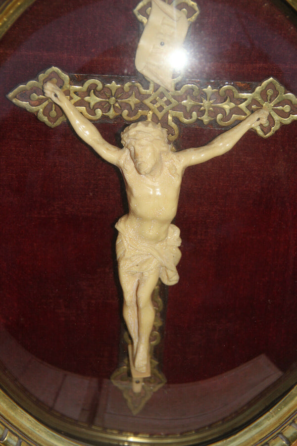 Large French religious Crucifix Cross Behind globe Framed 1950 Religious