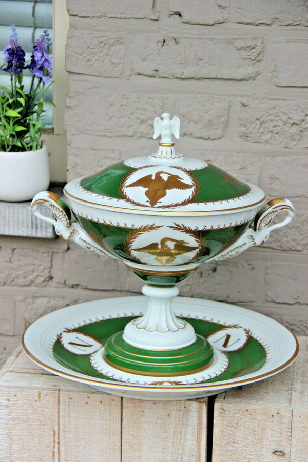 Huge french Porcelain De couleuvre marked napoleon Eagle Centerpiece lidded bowl