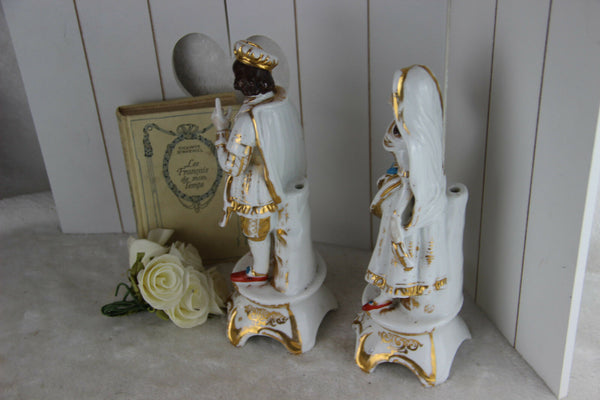 PAIR antique French 1900 vieux paris porcelain Pique fleur vases figurines