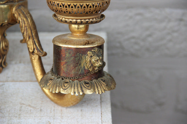 PAIR Vintage brass metal wall lights sconces double arm lion heads 1970