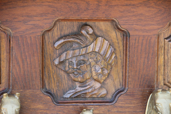 Vintage French wood carved Coat rack brass horse head hooks