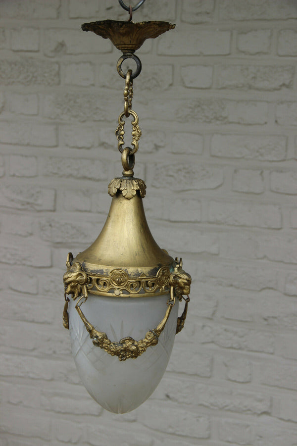 Antique brass crystal glass Val saint lambert shade Ram heads lantern chandelier