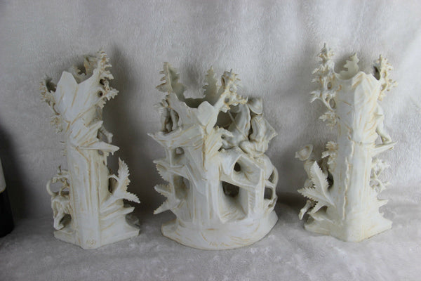 RARE 1900 French Bisque porcelain hunting set of 3 Vases lion panther scenes