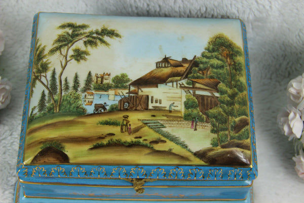 French Blue lidded Box landscape in sevres porcelain