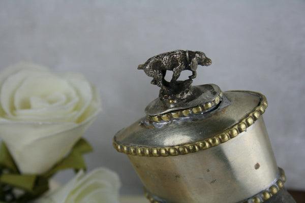 VTG French Mid-century 60's Desk paperweight hunting dog silver pl horn wood