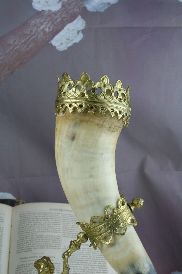 gorgeous french antique pair cornucopia horns figurines 1900 brass