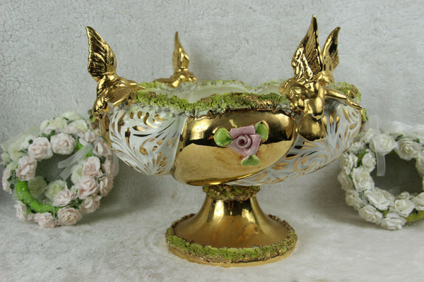Vintage italian porcelain Centerpiece bowl with encrusted flowers and birds
