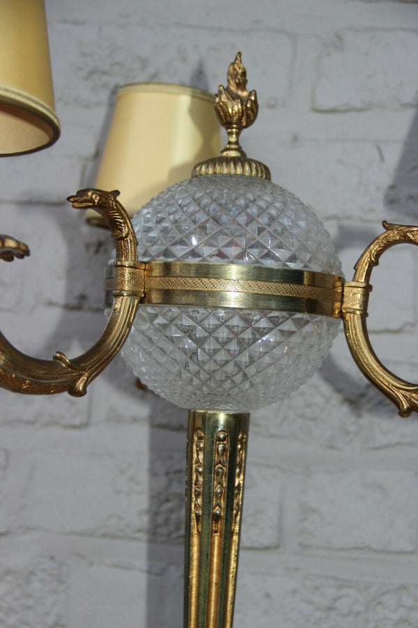 LARGE French antique empire bronze swan 3 arm Lamp glass globe lion paws