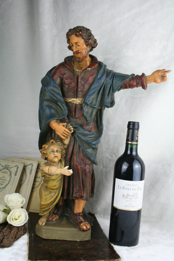 French XL 1900 Plaster Religious Jesus Christ child polychrome statue figurine