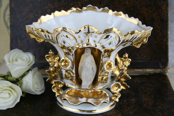 Rare french antique old paris porcelain cornet vase with madonna holy water font