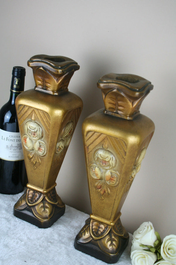 PAIR antique French religious plaster chalkware vases