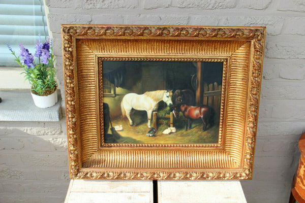 Vintage flemish oil panel painting horses duck  farm scene equestrian