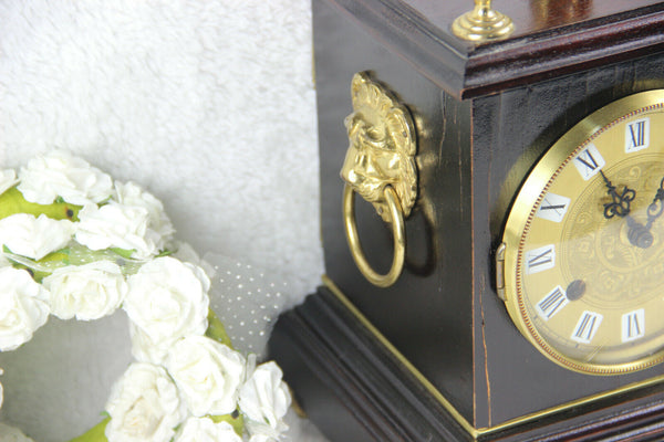 Vintage VANGESTEL Wood carved clock with bronze lady and lion heads 1970s FHS