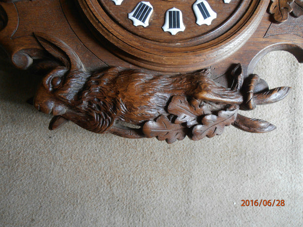 Antique Black forest wood carved hunting trophy clock fish rabbit dog 1900