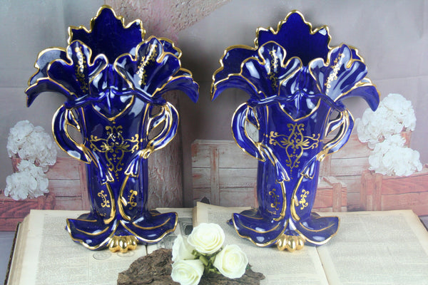 PAIR Porcelain Blue Cornet Vases French 1950