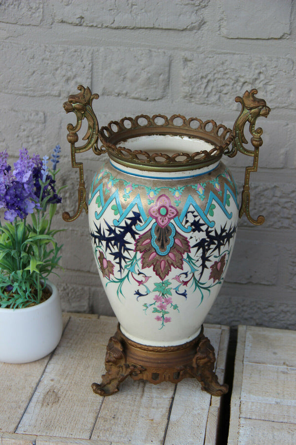 Antique 19thc ceramic pottery  Vase enamel decor gothic dragon satyr heads