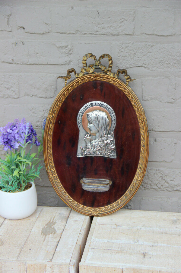 Rare antique French religious Holy water font plaque wood virgin mary medaillon