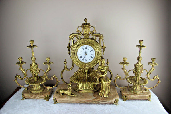 RARE french 1976 marble Lion fountain heads lady dog clock + pair candelabras