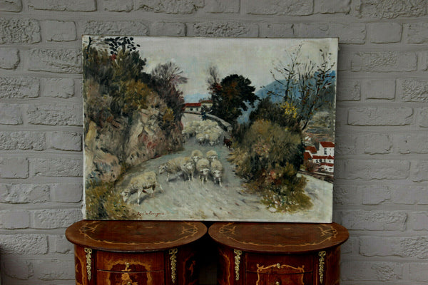 Belgian School 1930s rene De Baugnies signed landscape sheep painting canvas