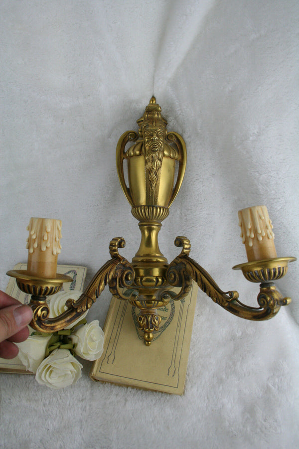 PAIR antique FRENCH bronze gold gilt wall lights sconces satyr devil heads 1925