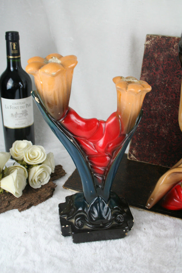 French antique 1930 Chalkware buste + candle holders madonna mary polychrome