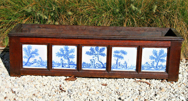 XXL unusual Antique 19thc Blue white DELFT pottery tiles Wood oak planter