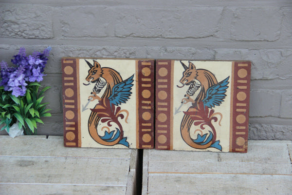 PAIR antique french tiles Castle dragon tiles rare