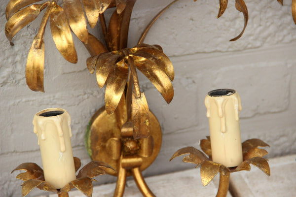 PAIR  1970 Palm tree metal gold gilt sconces wall lights attr Hans Kogl