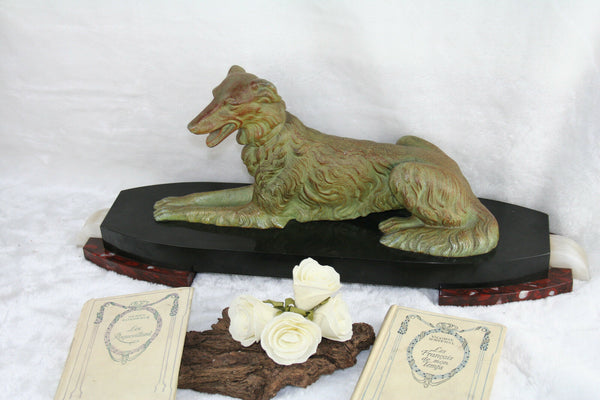 XL ART DECO 1930 French Whippet greyhound Spelter green bronze patina marble