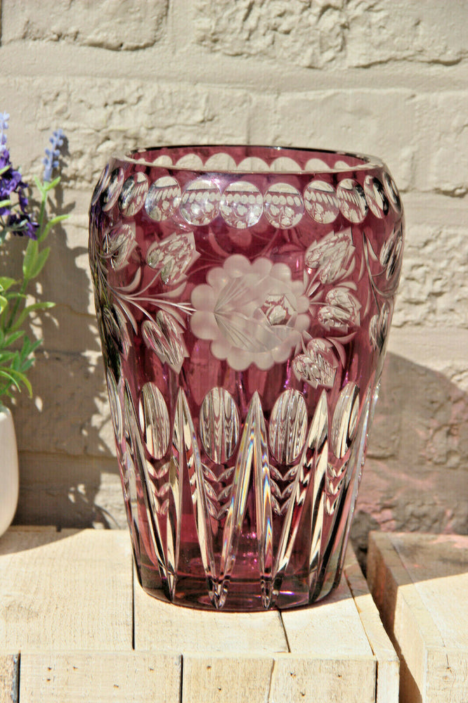 Vintage BOHEMIAN czech Crystal amethyst colour floral decor Galss Vase