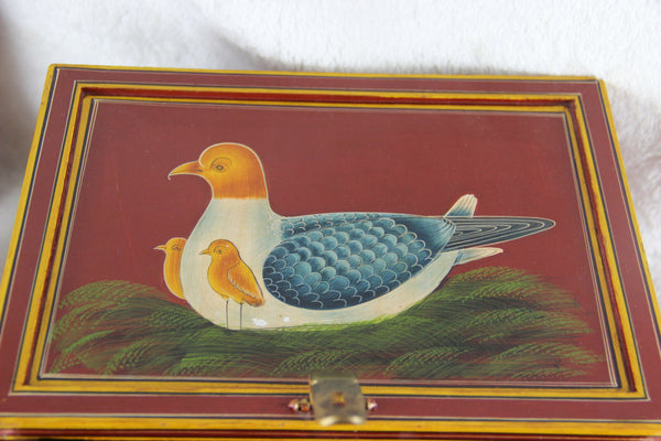 Rare French handmade paint birds Wood carved jewelry Box drawers inside 1970